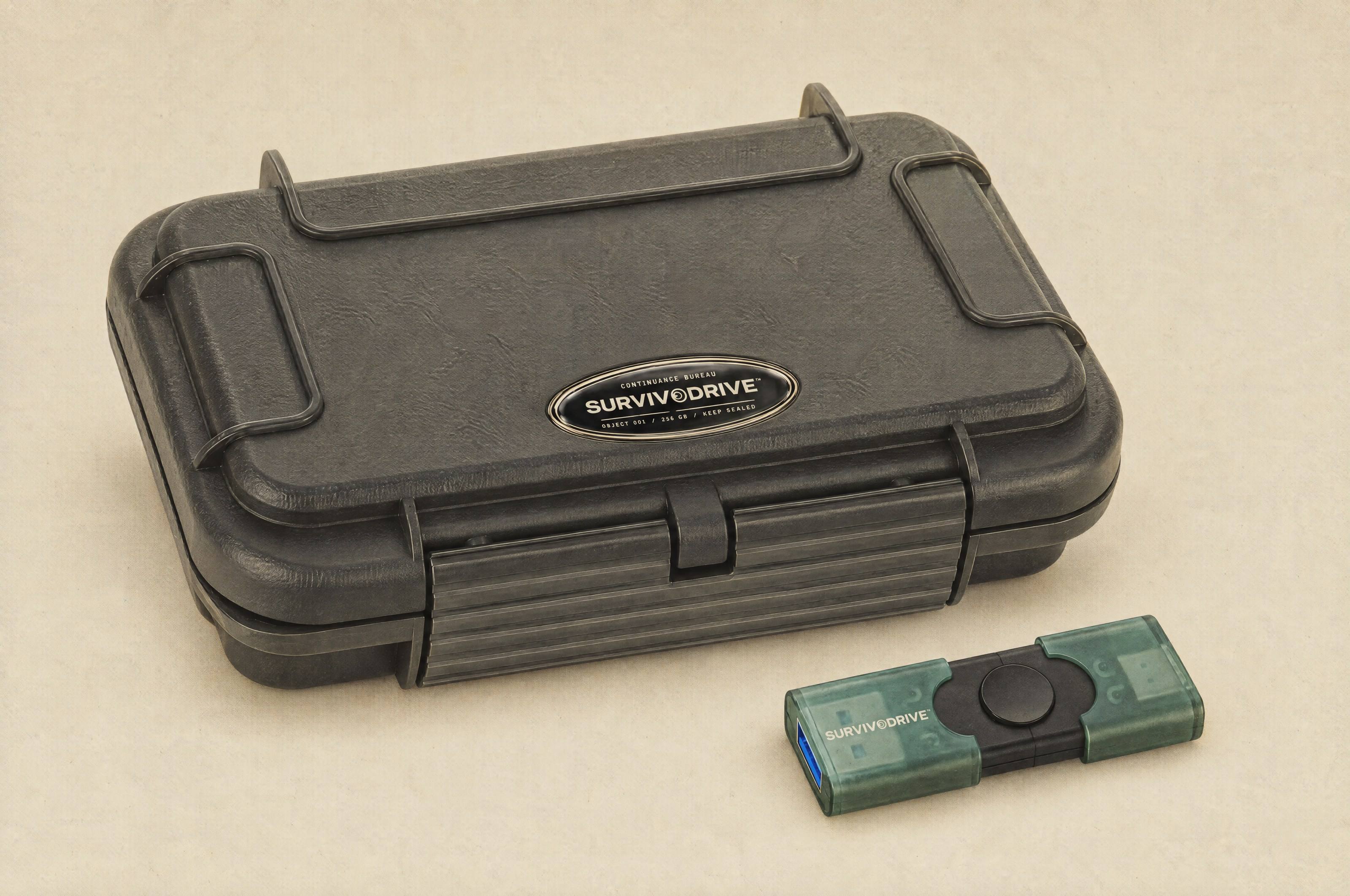 SURVIVODRIVE: the black IP67 case with its domed oval badge and the dual USB-A and USB-C drive, to scale, on a bone backdrop