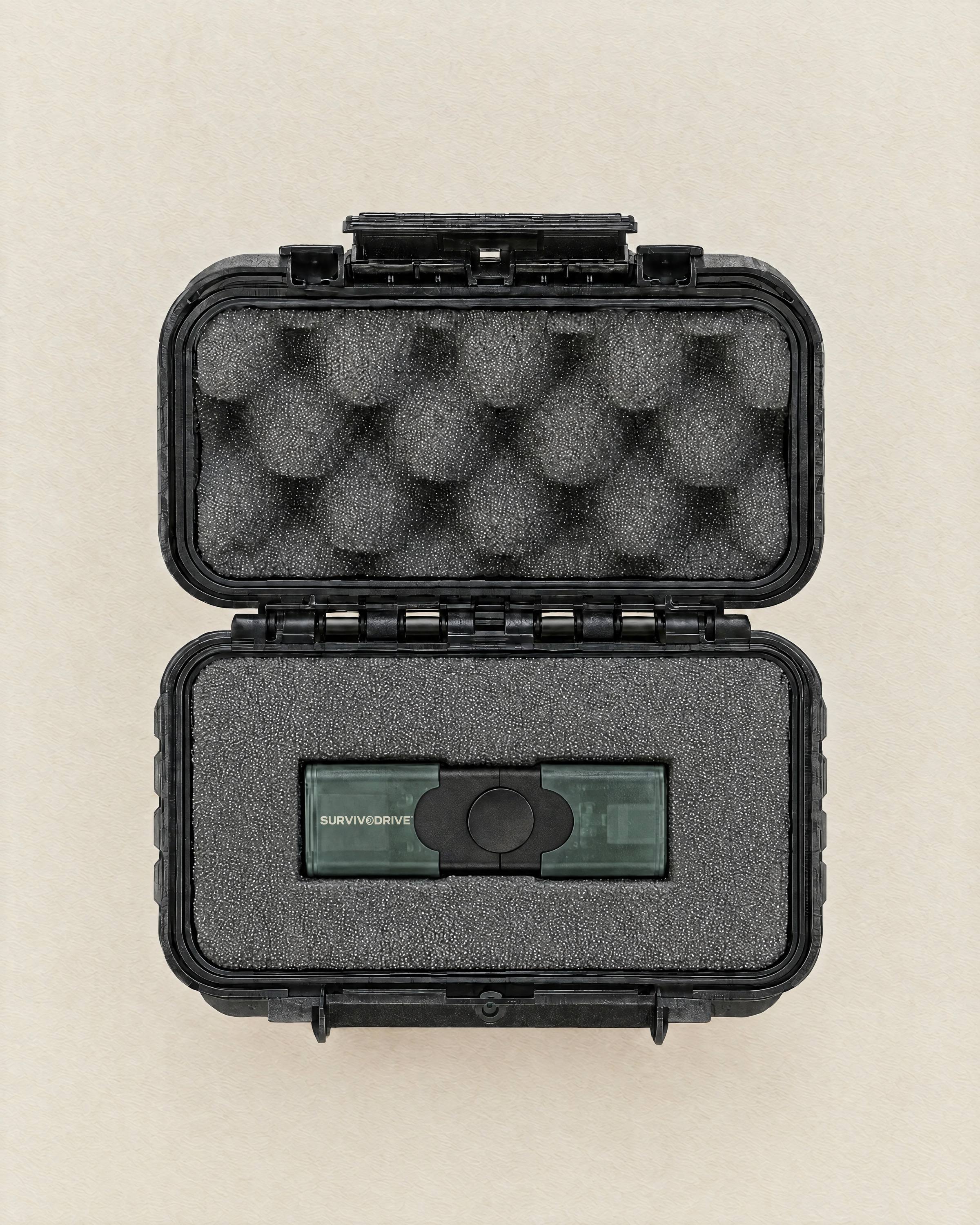 Top-down view of the open SURVIVODRIVE case, the dual USB drive seated in a cut-out in grey foam
