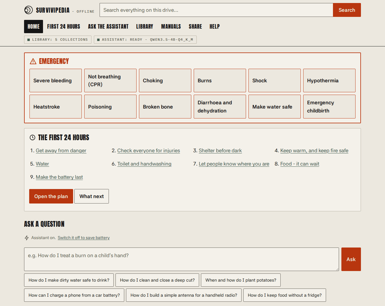 The Survivipedia home screen running from SURVIVODRIVE: emergency cards, the first 24 hours plan and the ask box