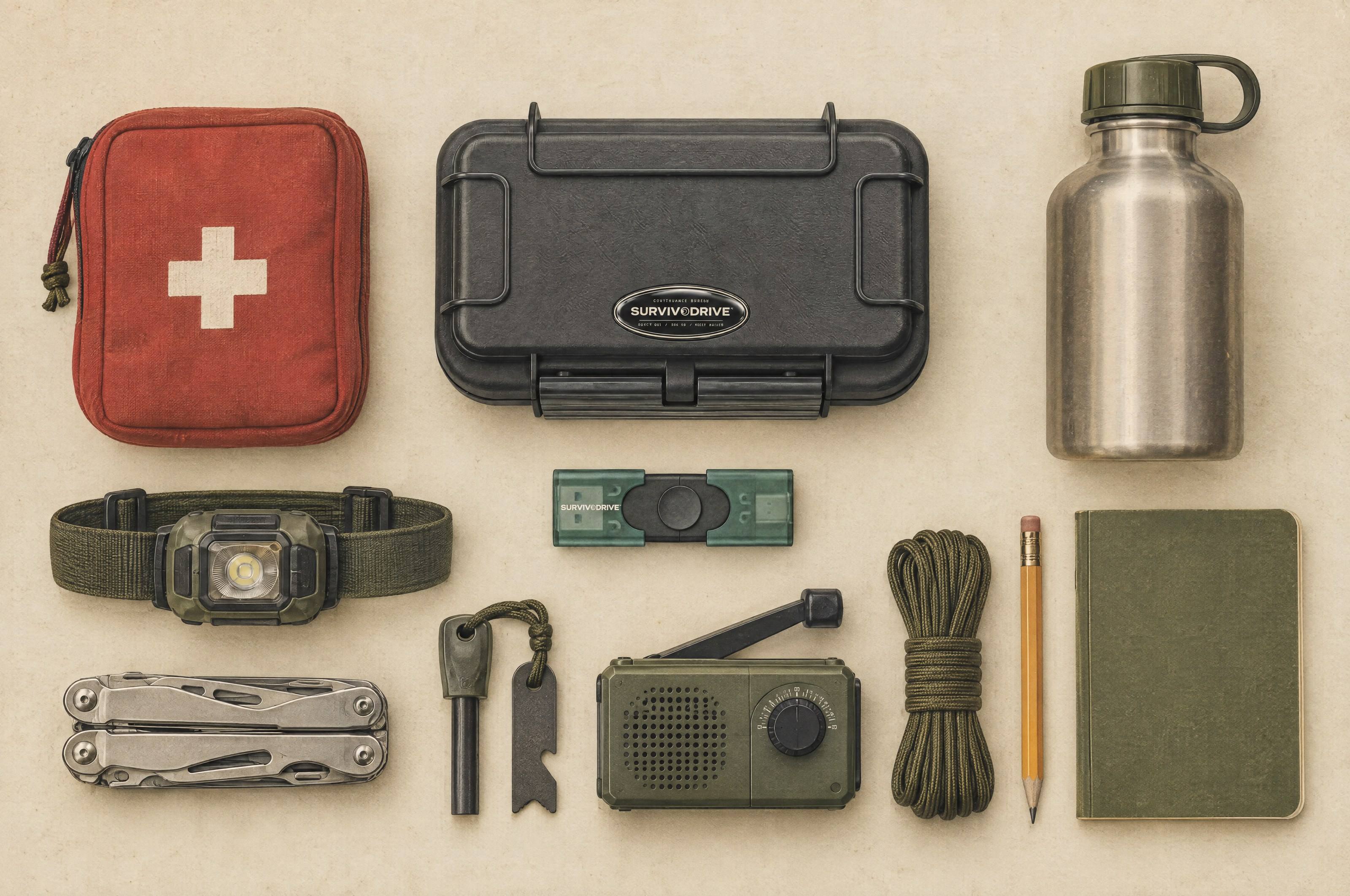 Knolling flat lay: the SURVIVODRIVE case and drive at the centre of an emergency kit with first aid pouch, water bottle, head torch, multitool, ferro rod, crank radio, paracord, pencil and notebook