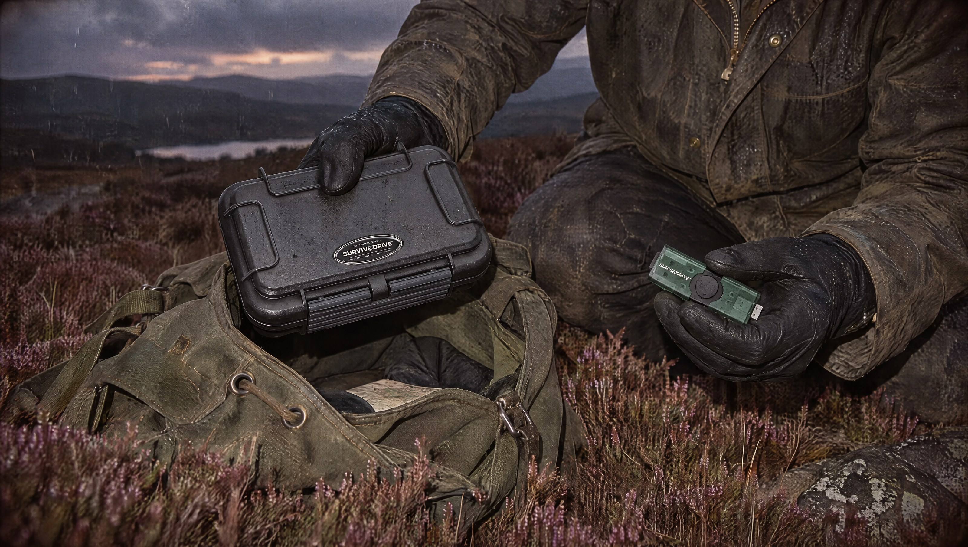 A gloved hand taking the SURVIVODRIVE case from a rucksack on heather moorland at dusk, the drive in the other hand