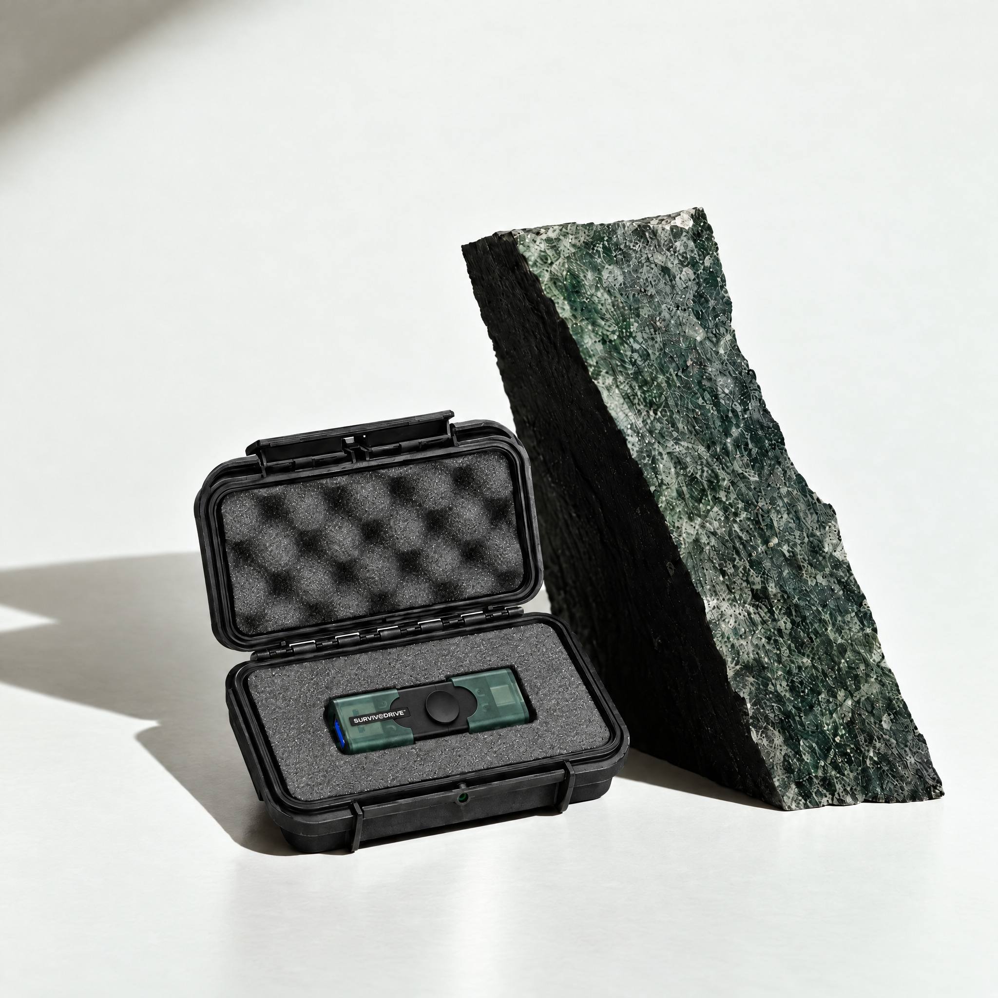 The open SURVIVODRIVE case with the drive seated in its foam, beside a green stone on a white surface